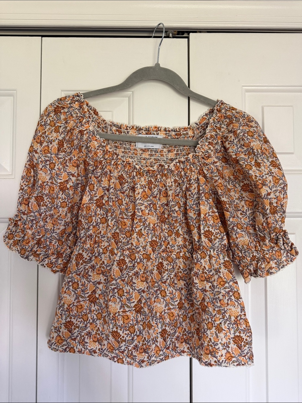 Old Navy Orange Floral Puff-Sleeve Peasant Folk Top
